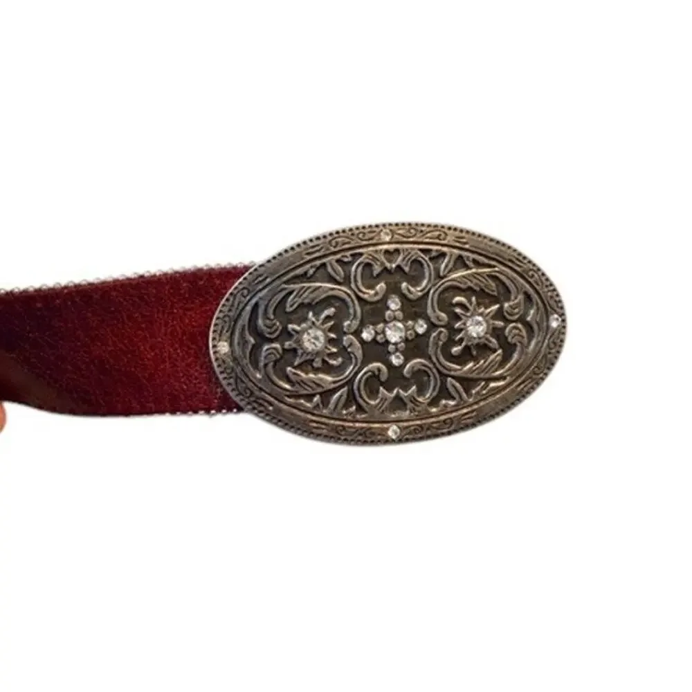Vintage Burgundy Leather Western Belt w/ Rhinestone Buckle – Women’s M - Picture 4 of 10
